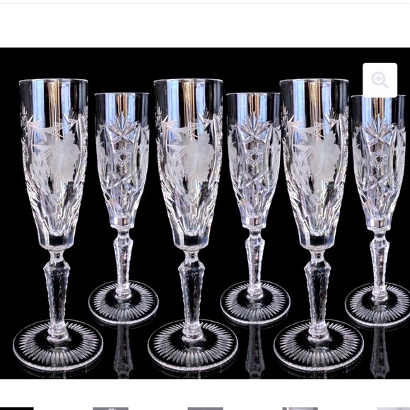 Other - Vintage Cut Crystal Champagne Flutes Etched Floral Starburst Glasses Set 6